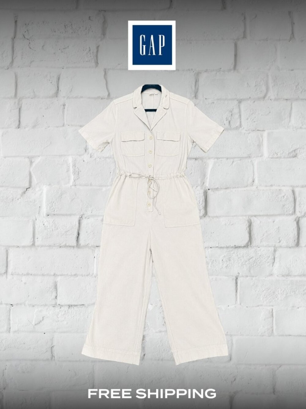 GAP White Utility Cropped Button Front Jumpsuit Wide Leg Short Sleeve Fall - 8